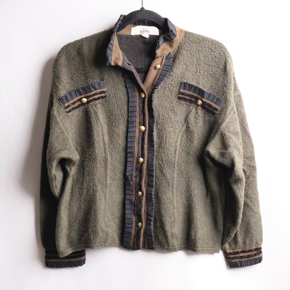 VTG Italian Designer Olive Green Wool Blend Military Inspired Jacket Cardigan 10
